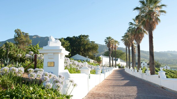 A paved pathway lined with white fences and palm trees, leading towards a white building with a plaque. - Val Du Charron Wine & Leisure Estate (Wellington)