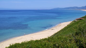 NĂ€ra stranden, solstolar, parasoller och fiske