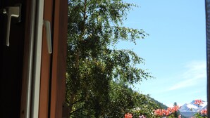 Vista a través de una puerta de madera, con cerca de madera y plantas florecientes.