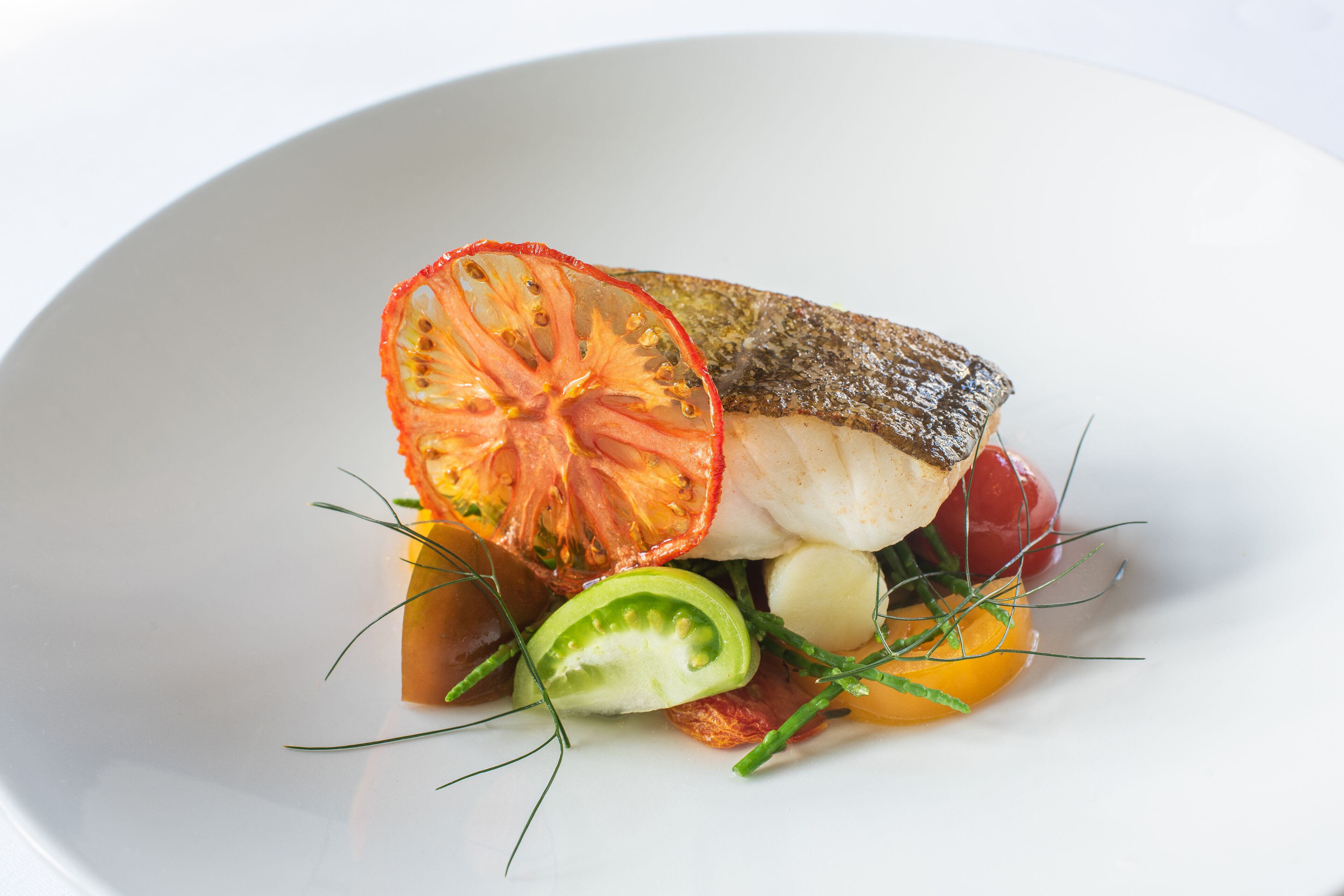 Une assiette blanche avec un poisson, des tranches de tomates et des herbes.