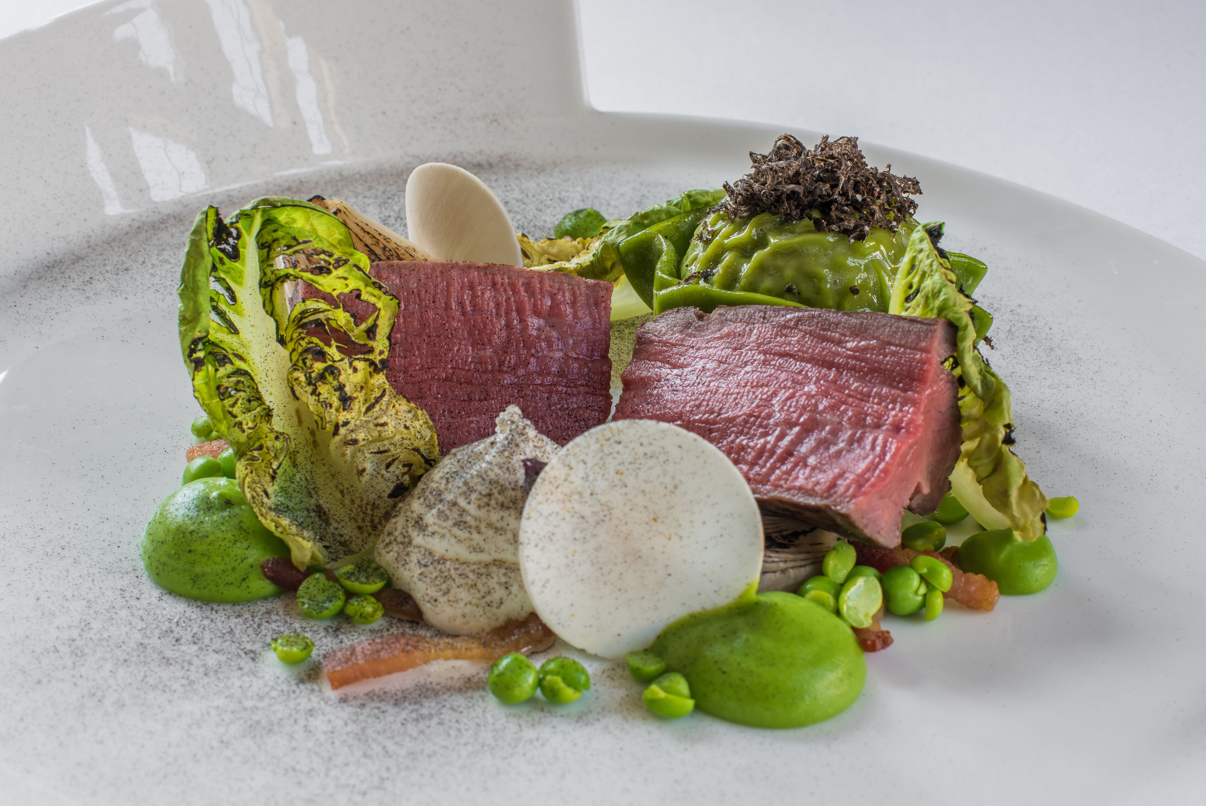 Un plato de comida con varios ingredientes, incluyendo carne, verduras y un elemento blanco y redondo.