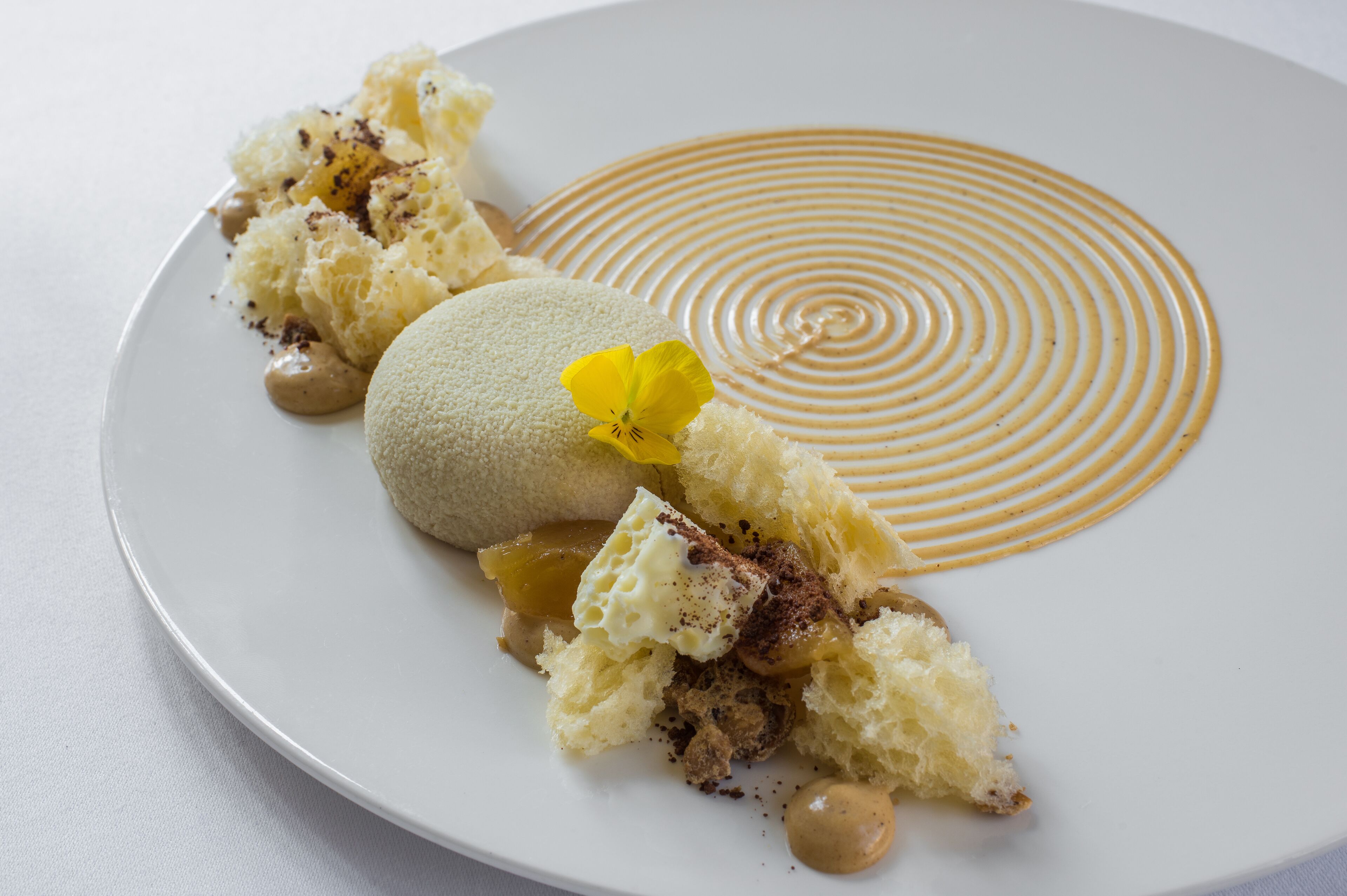 Un plato de postre con un pastel texturizado, una flor amarilla y un diseño circular.