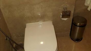 A bathroom with a white toilet, a trash bin, and a shower hose.