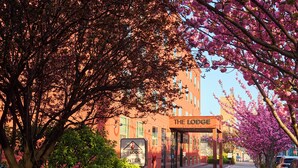 A hotel entrance with a sign reading "The Lodge Red Hook". - The Lodge Red Hook (Brooklyn)