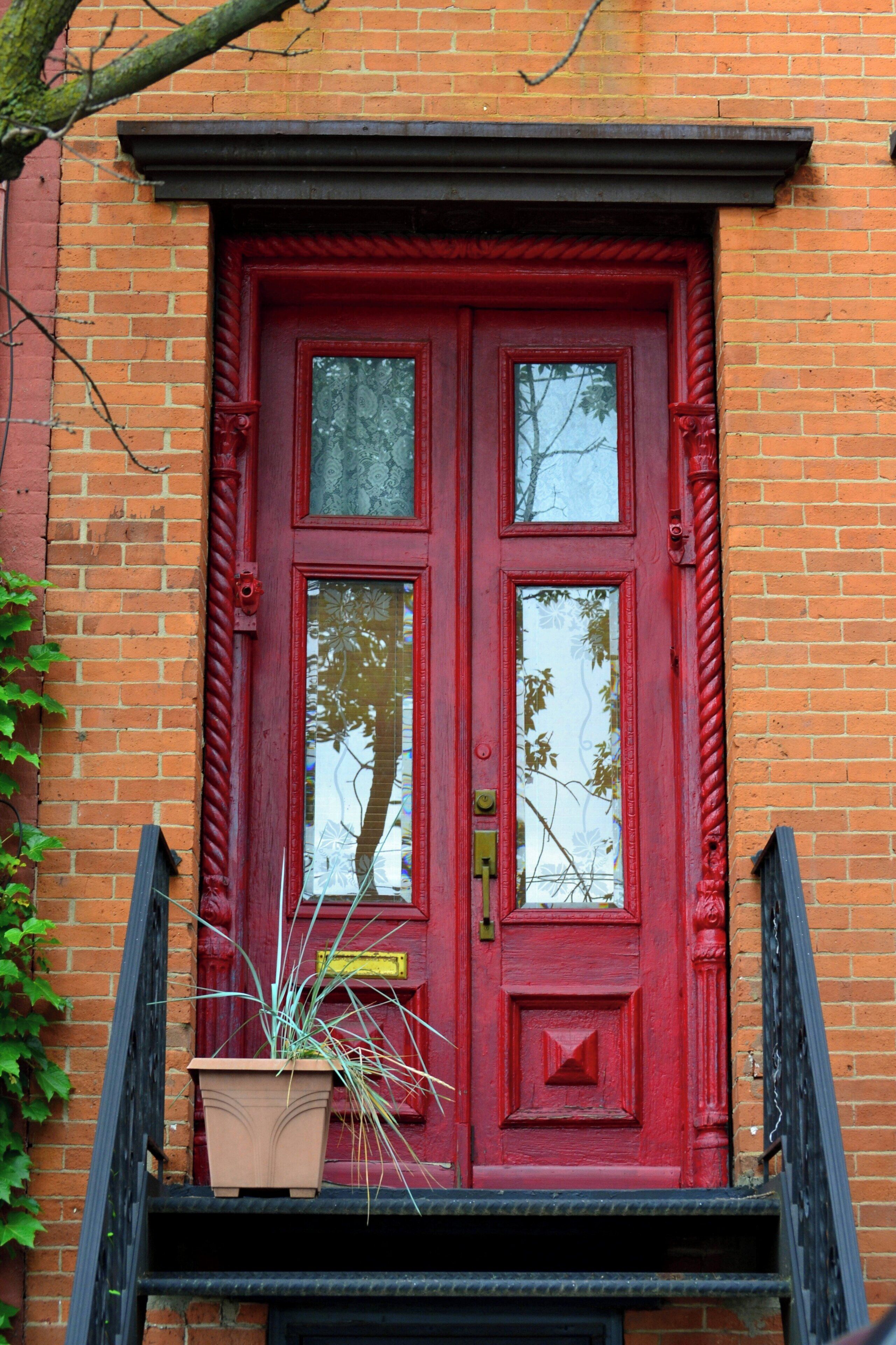 Una puerta roja con una pequeña planta en maceta en el escalón.