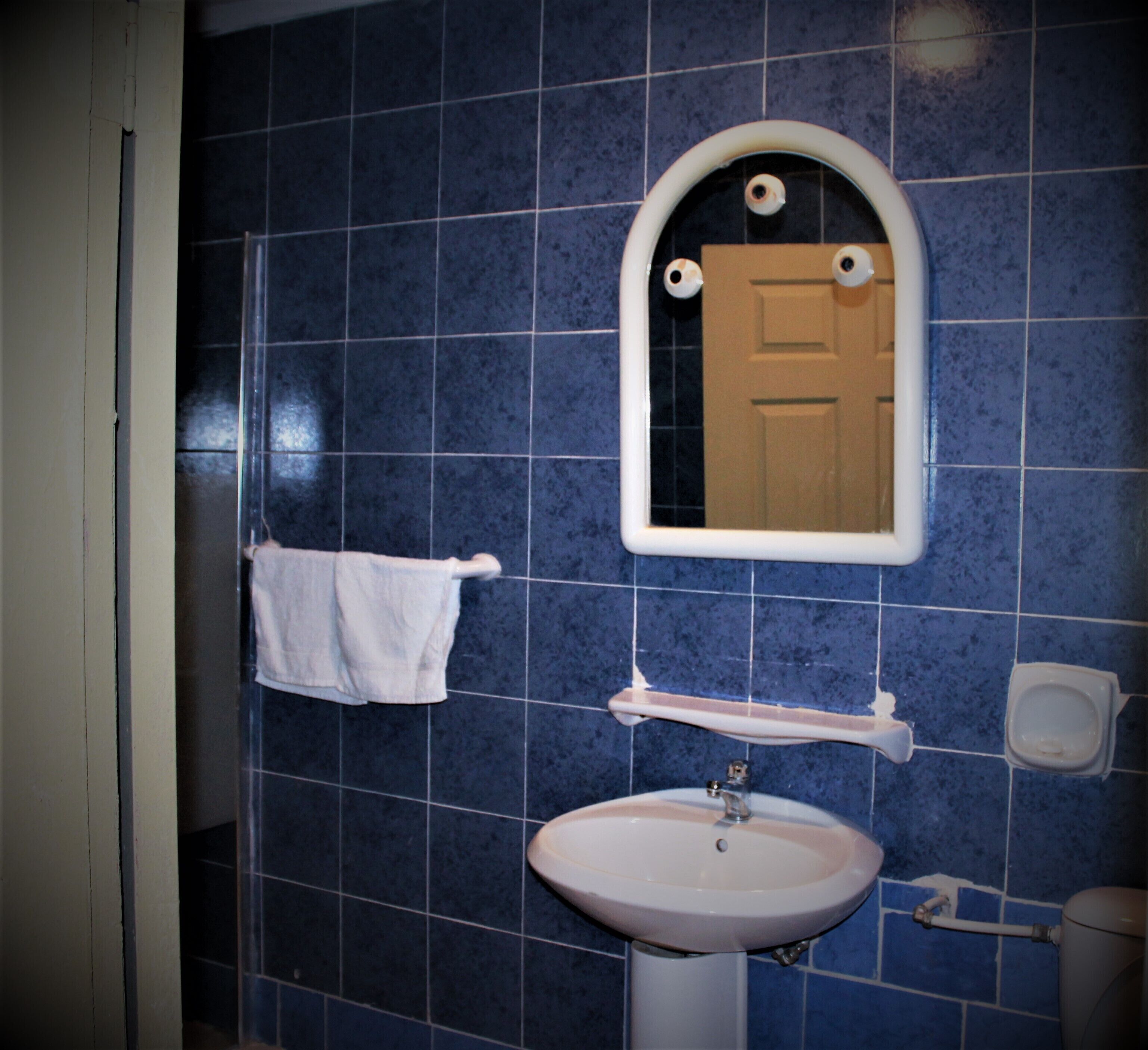 A bathroom with a sink, mirror, towel rack, and blue-tiled walls.