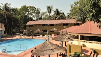 Outdoor pool, pool umbrellas