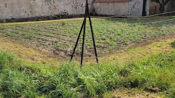 Un campo con un trípode en primer plano, una pared blanca con pintura descascarada y un edificio con tejado de tejas rojas al fondo.