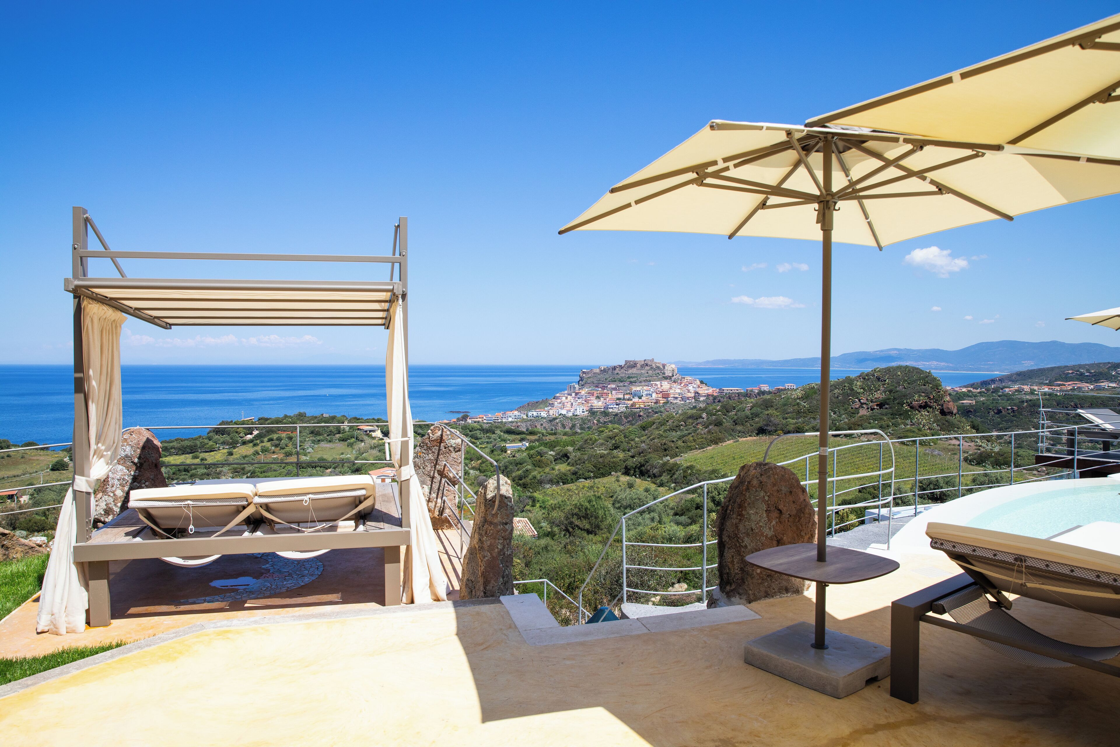 outdoor pool, pool umbrellas, pool loungers