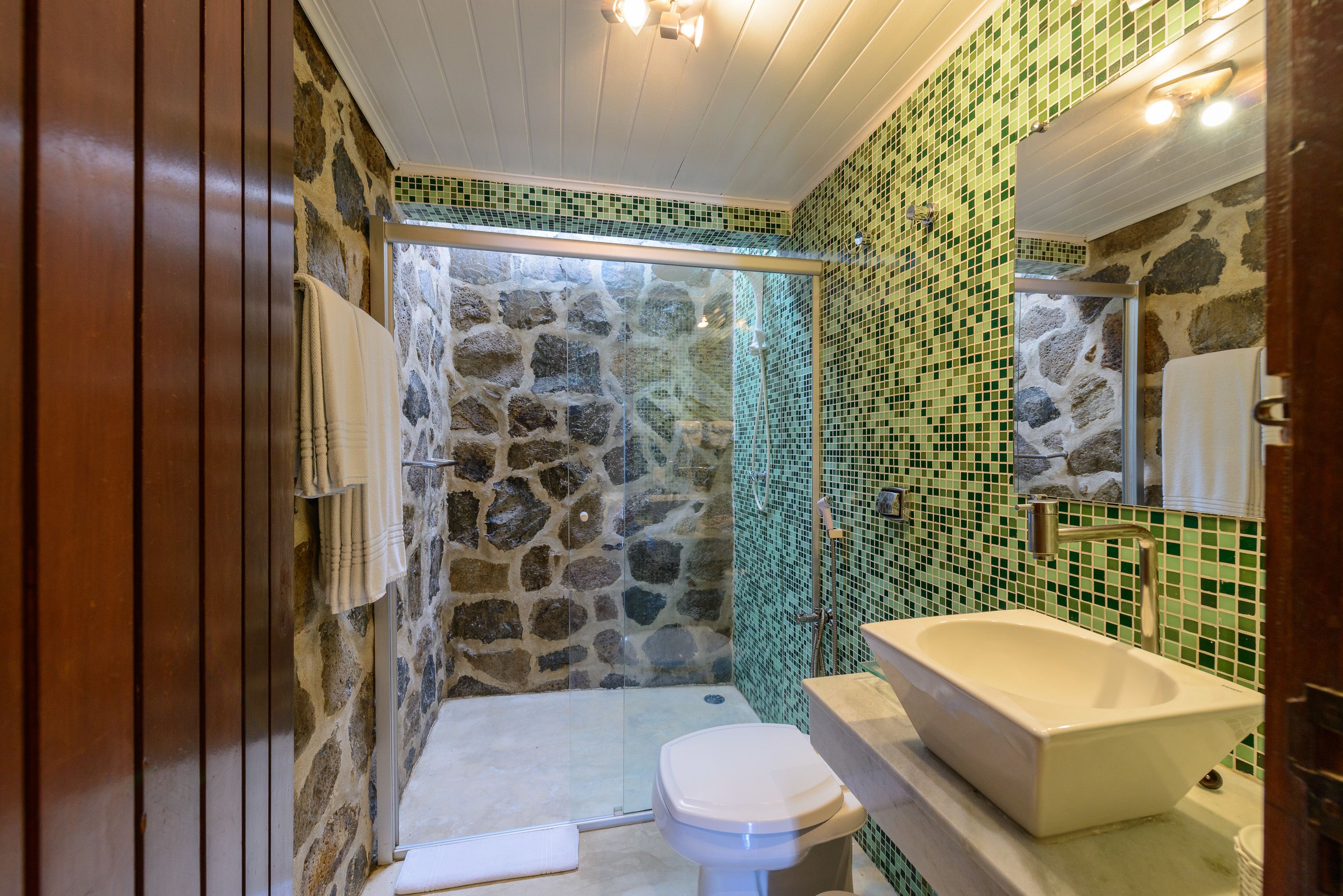Une salle de bain avec une douche en pierre, des toilettes blanches et une baignoire sur pieds.