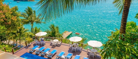 Private beach, sun loungers, beach towels, snorkeling