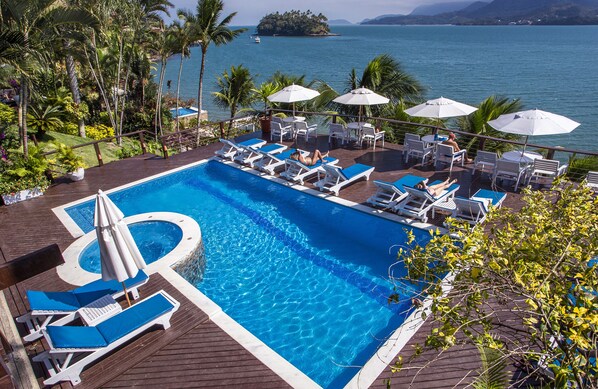 Outdoor pool, pool umbrellas, pool loungers