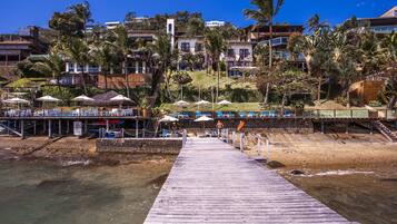 Private beach, sun loungers, beach towels, snorkeling