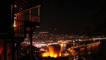 Vista nocturna de una ciudad con una imponente estructura similar a un castillo cerca de la costa, iluminada por luces artificiales.