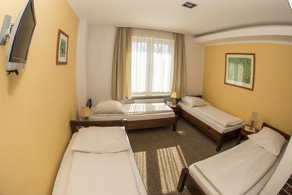 Habitación de hotel con dos camas individuales, un ventanal con cortinas, un televisor de pantalla plana montado en la pared y un cuadro enmarcado.