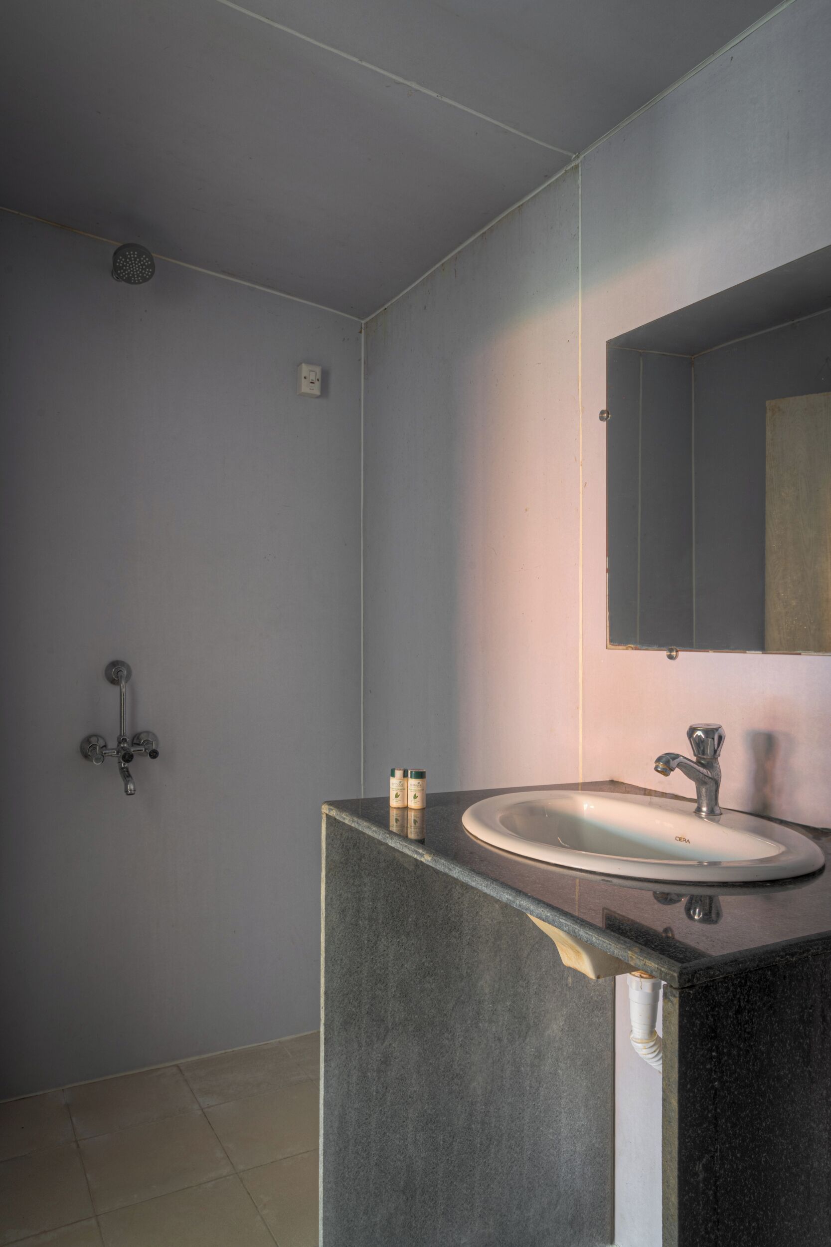 Een badkamer met een wastafel, spiegel en douche.