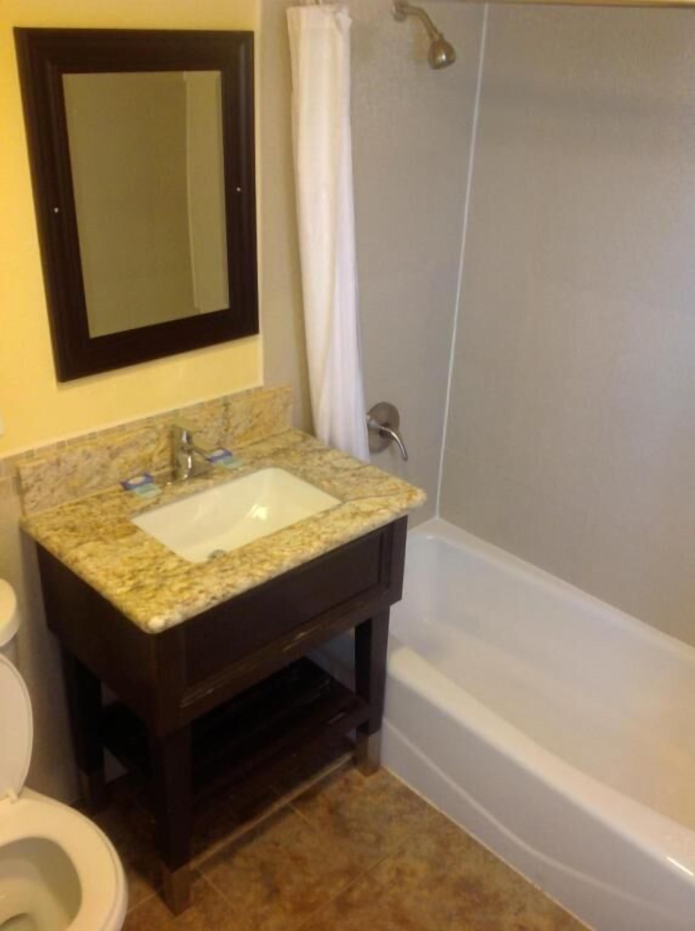 Un baño con lavamanos de encimera de granito, un mueble de tocador de madera oscura, un inodoro blanco y una bañera blanca.