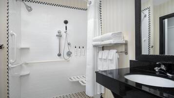 Combined shower/bathtub, free toiletries, hair dryer, towels