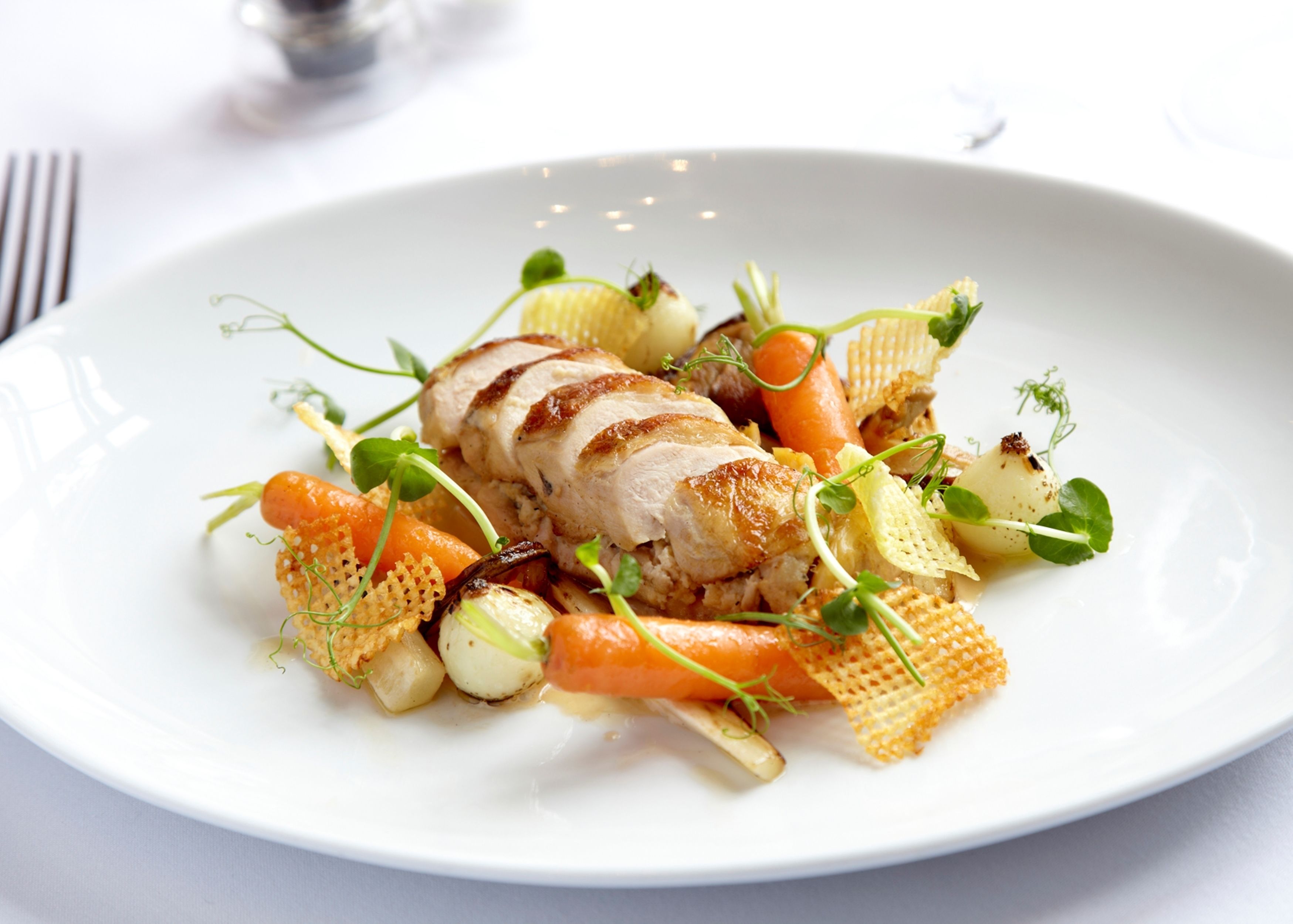 A white plate with a grilled chicken breast, carrots, and a side of vegetables.