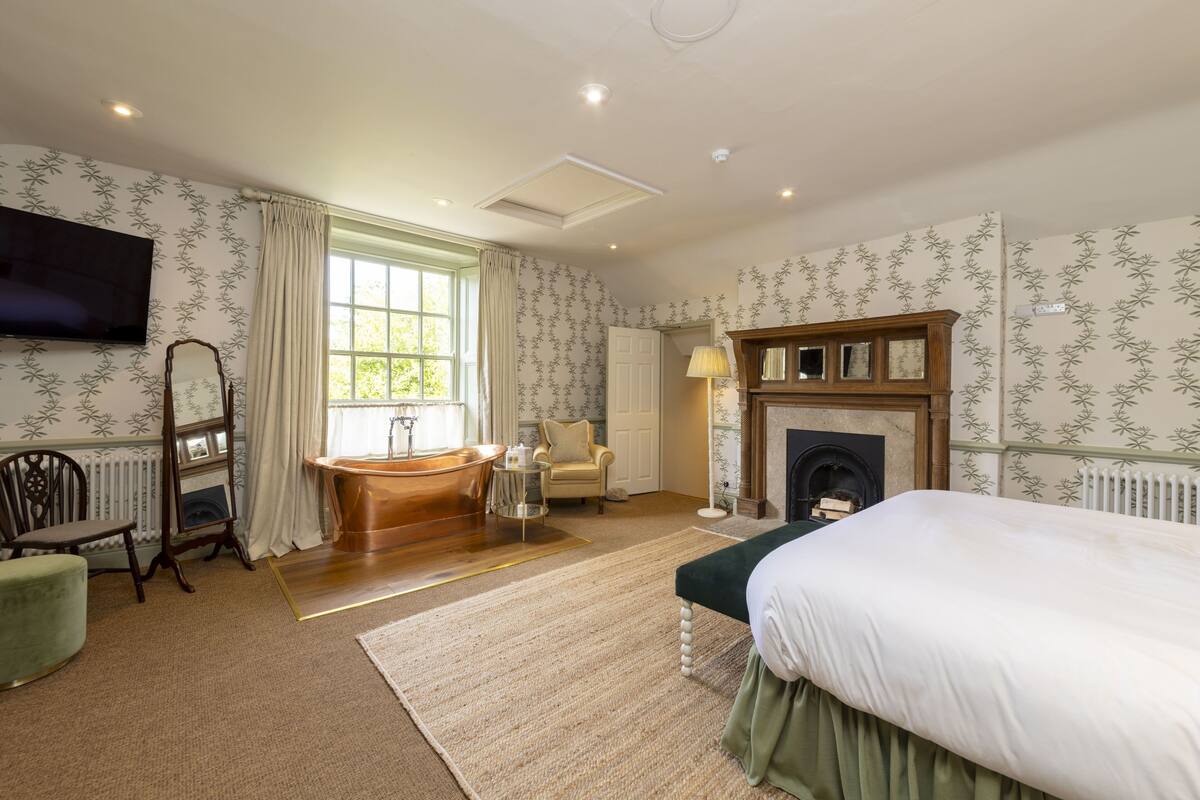 A bedroom with a bed, a fireplace, a television, a mirror, and a window with curtains.