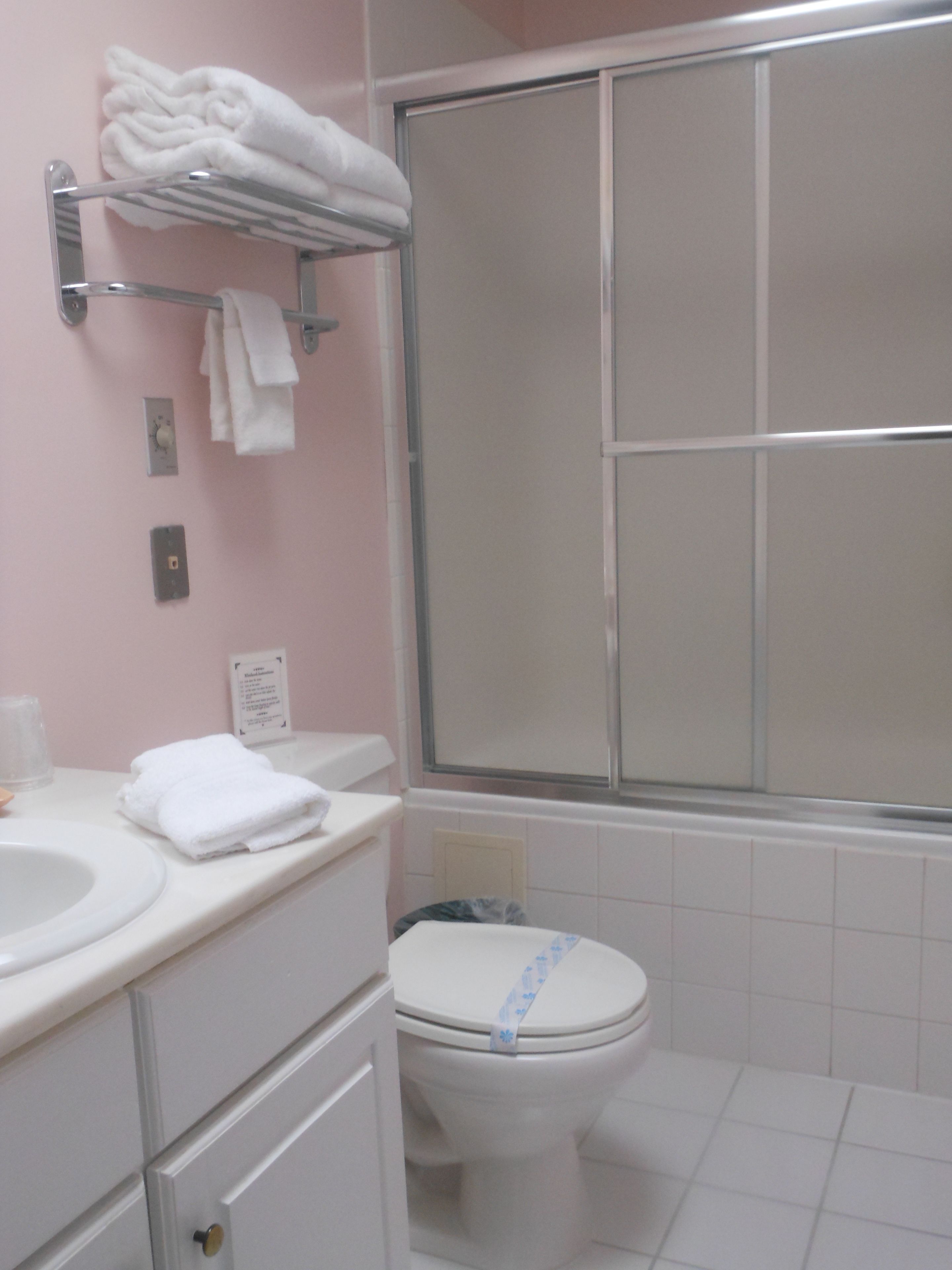 A bathroom with a toilet, sink, and a shower area.