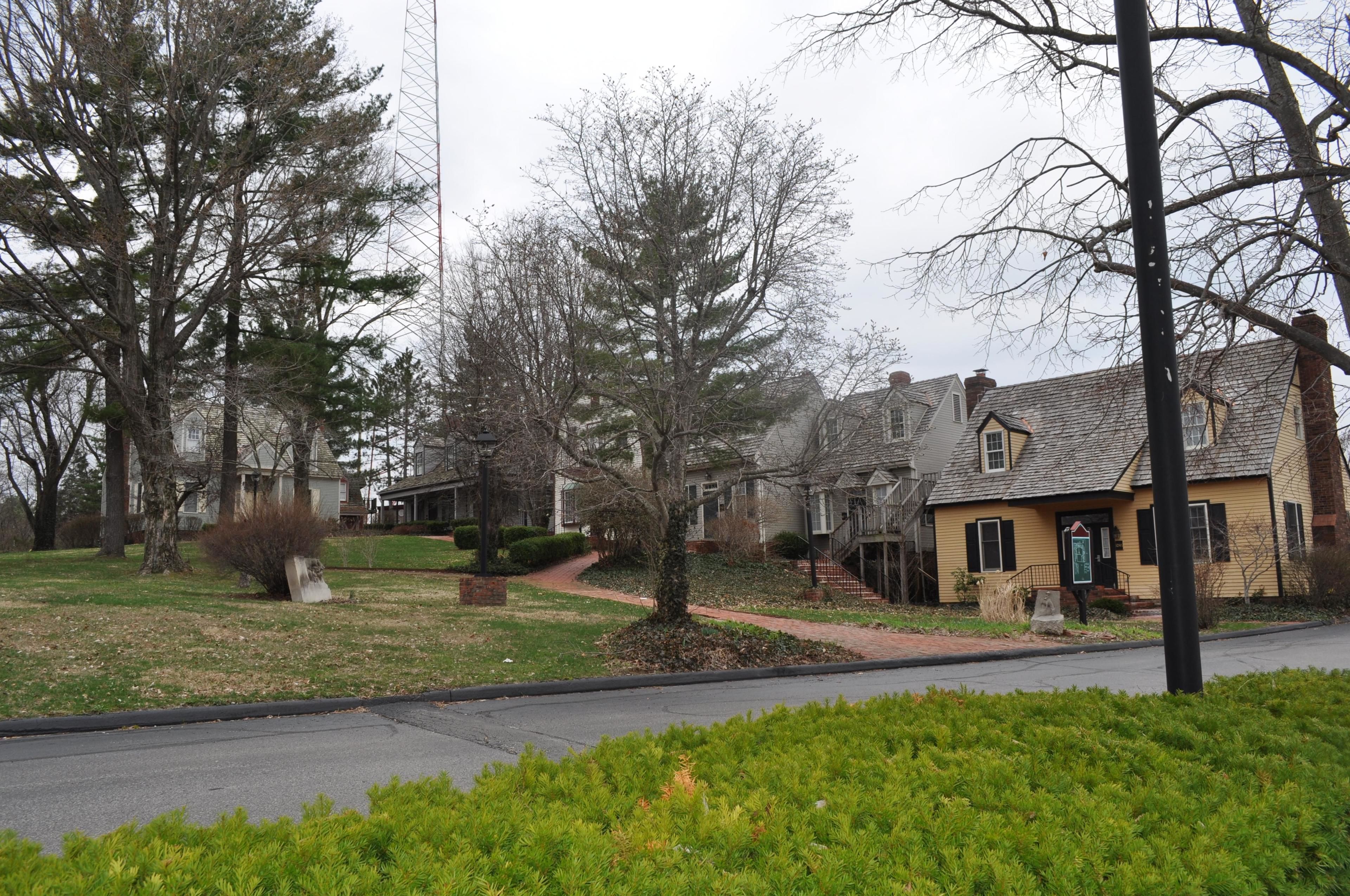 A residential street with houses, trees, and a sidewalk.
