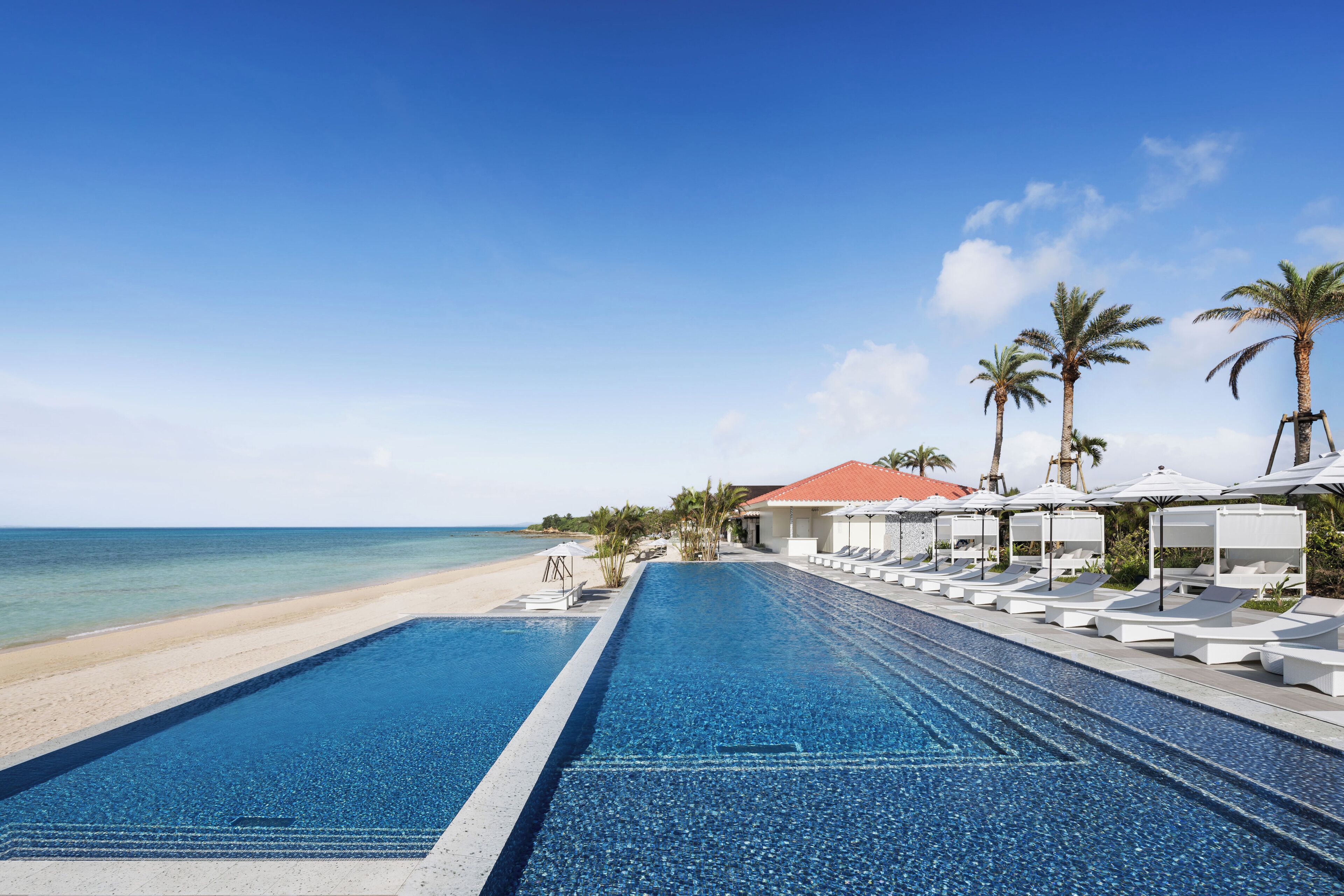 A swimming pool with a beach view, lounge chairs, and palm trees.