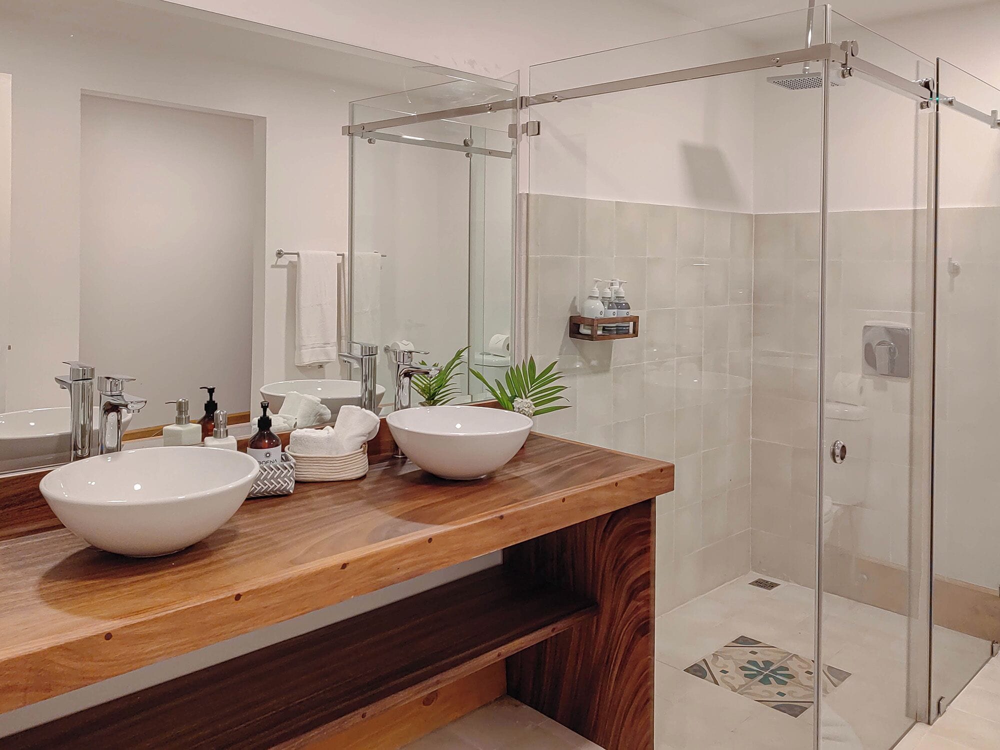 shower, rainfall showerhead, designer toiletries, hair dryer