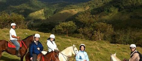 Un grupo de personas a caballo en una zona montañosa con abundante vegetación y colinas al fondo.