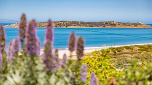 A coastal landscape with a beach, vegetation, and a distant hill.