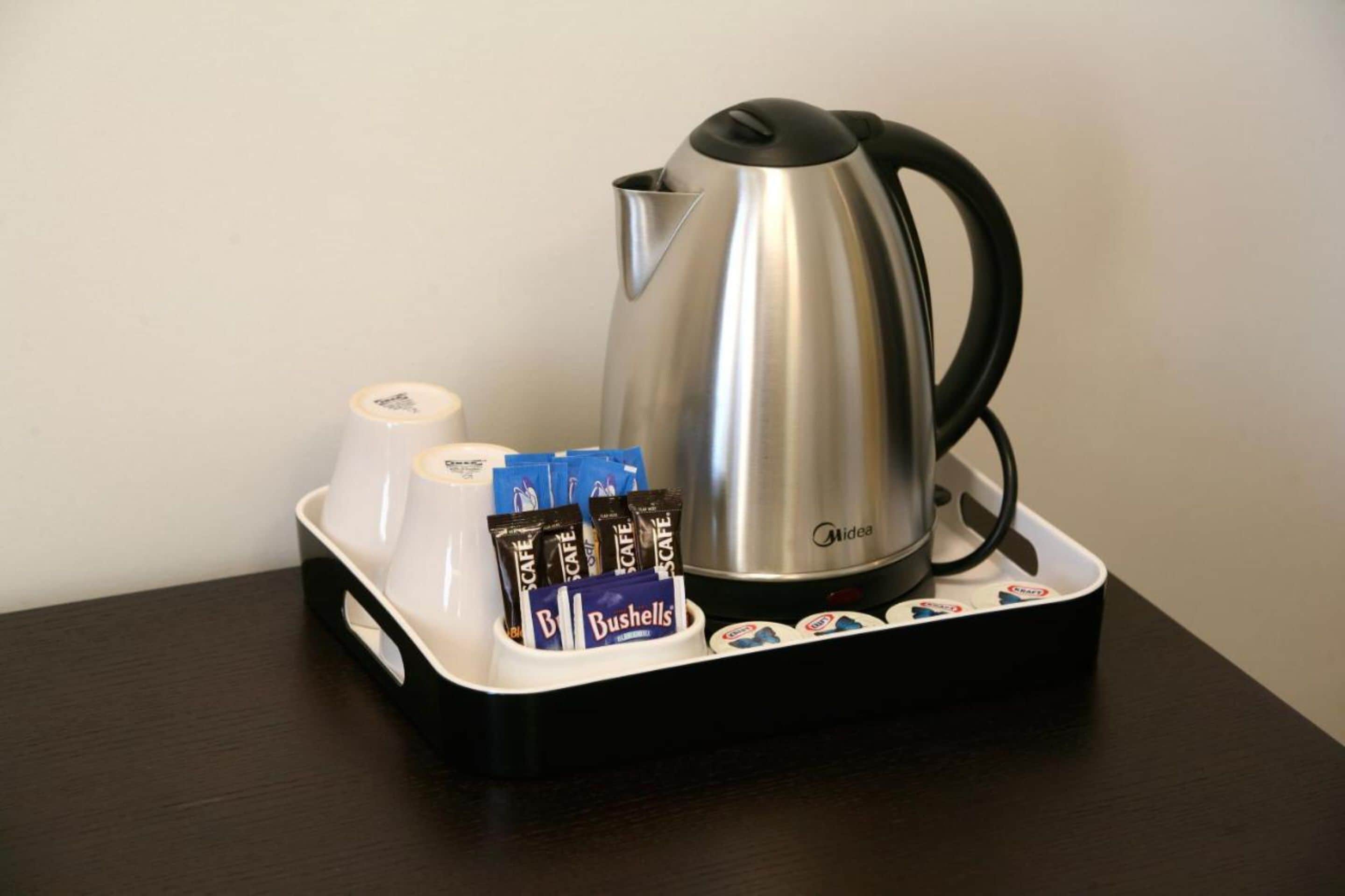 fridge, microwave, coffee/tea maker, electric kettle