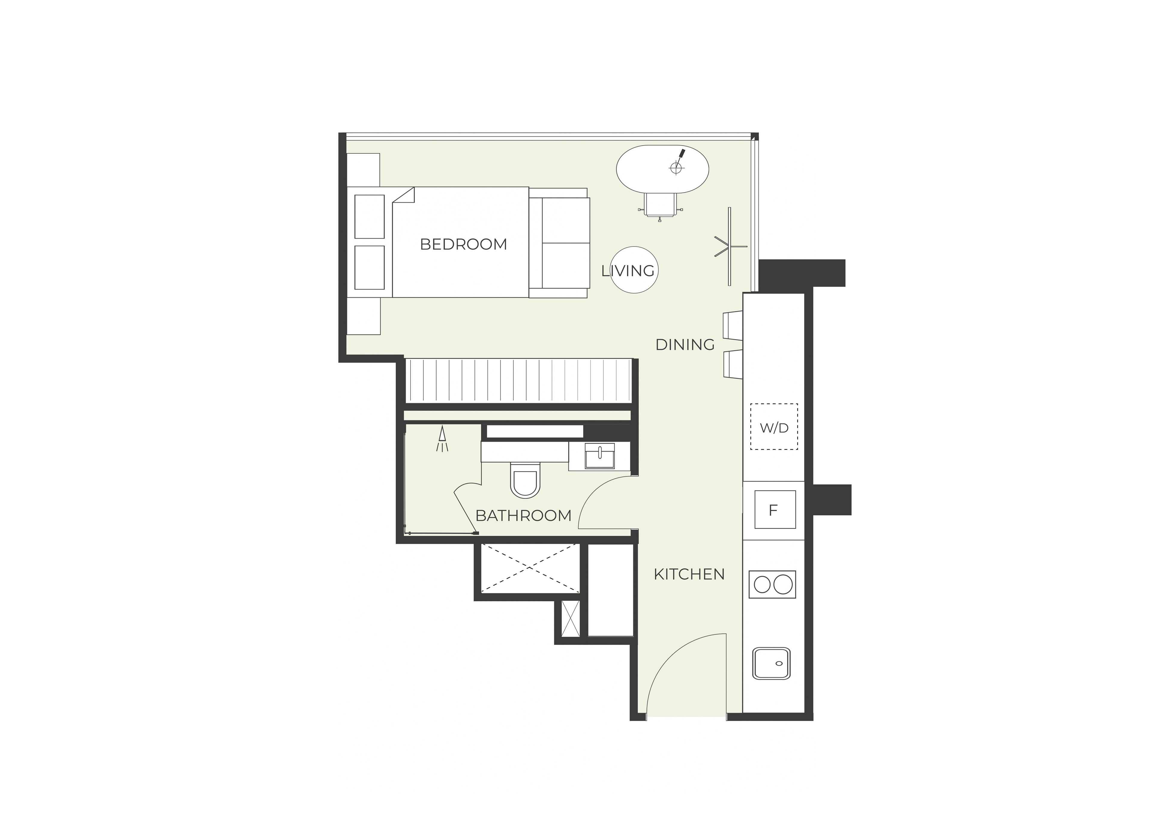 A floor plan of a hotel room with a bedroom, living area, dining space, bathroom, and kitchen.