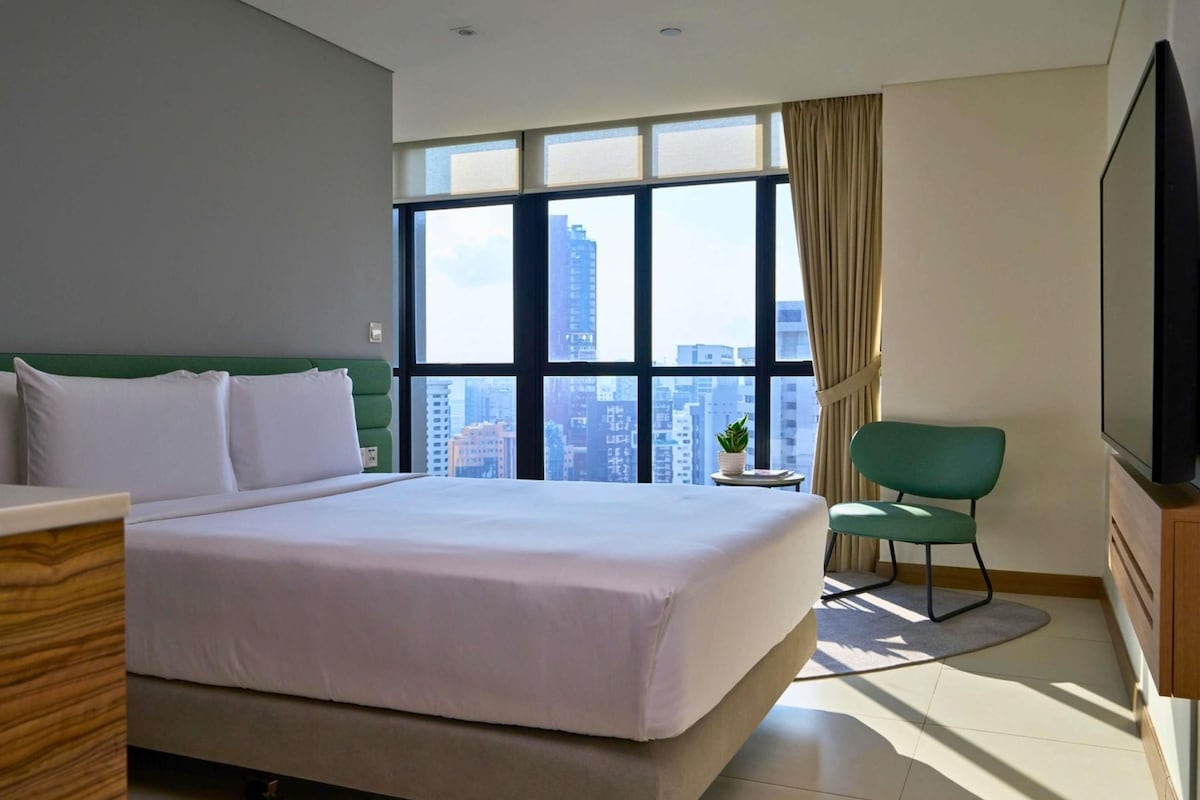 A hotel room with a large bed, a television, a window with a city view, and a small table with a plant.