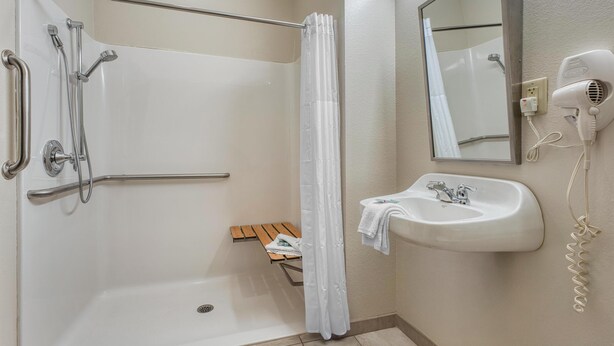A bathroom with a shower, a sink, a mirror, and a hairdryer. - SureStay Plus Hotel by Best Western Buckhannon (Buckhannon)