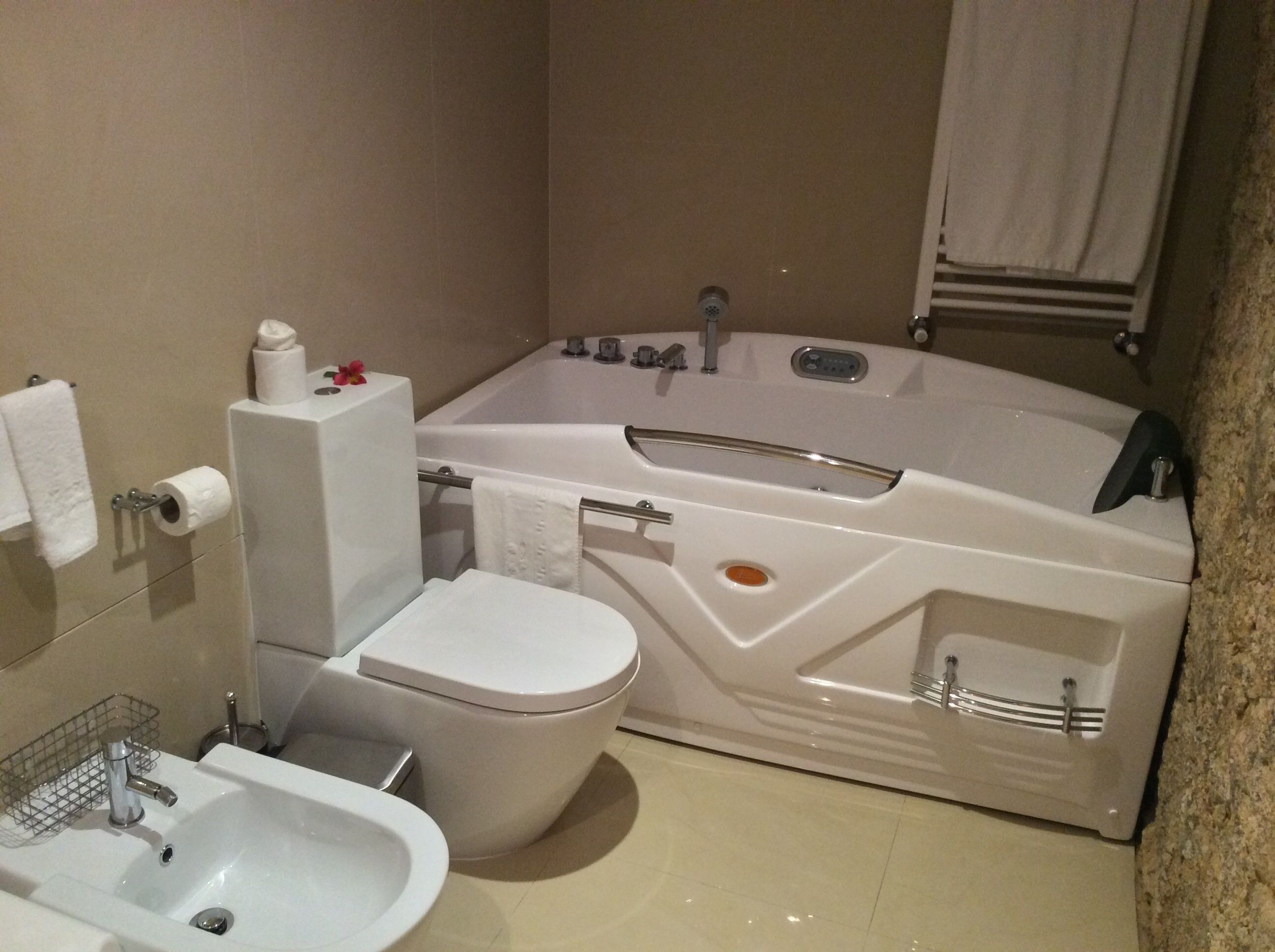 free toiletries, hair dryer, bidet, towels