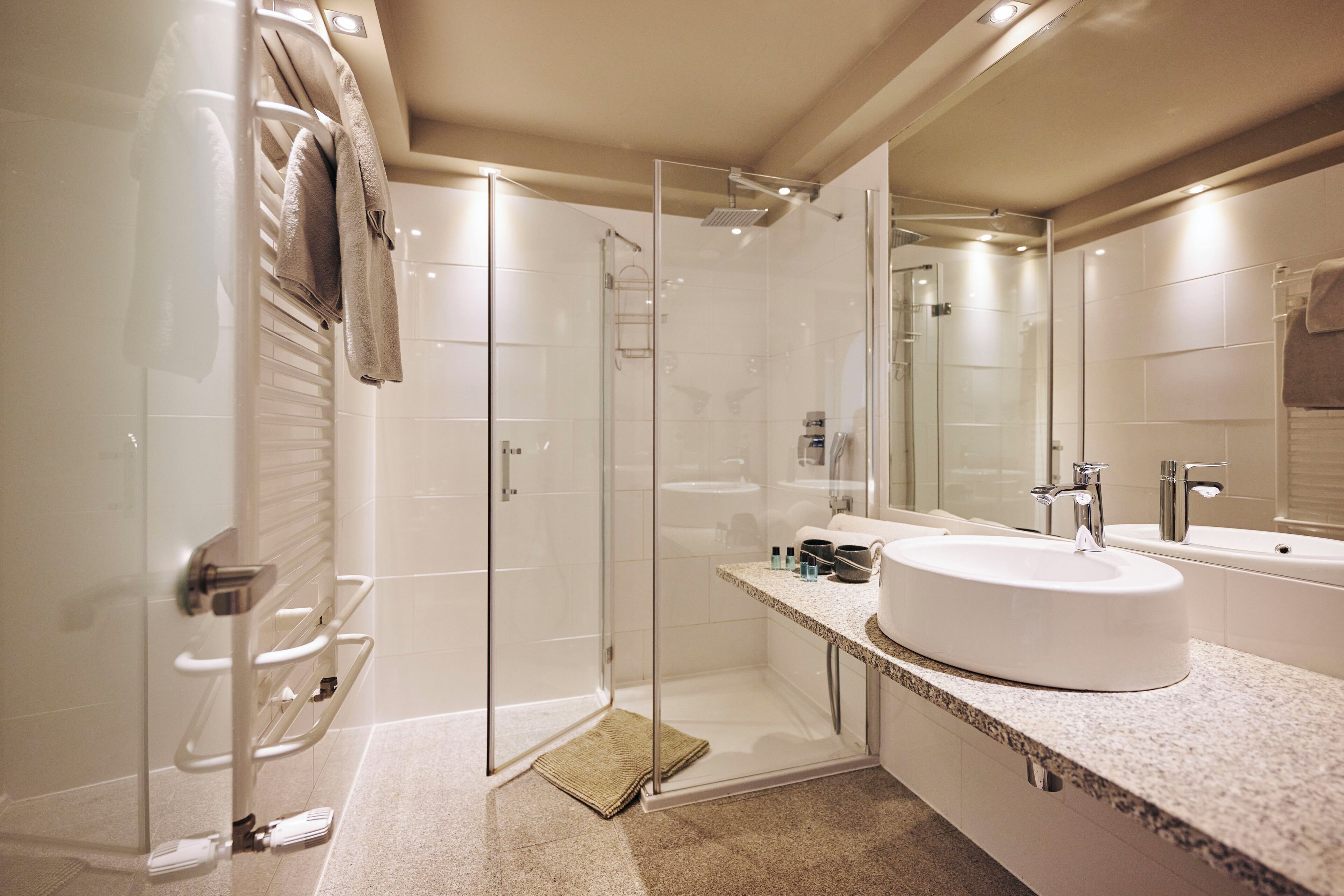 hair dryer, bathrobes, towels, soap