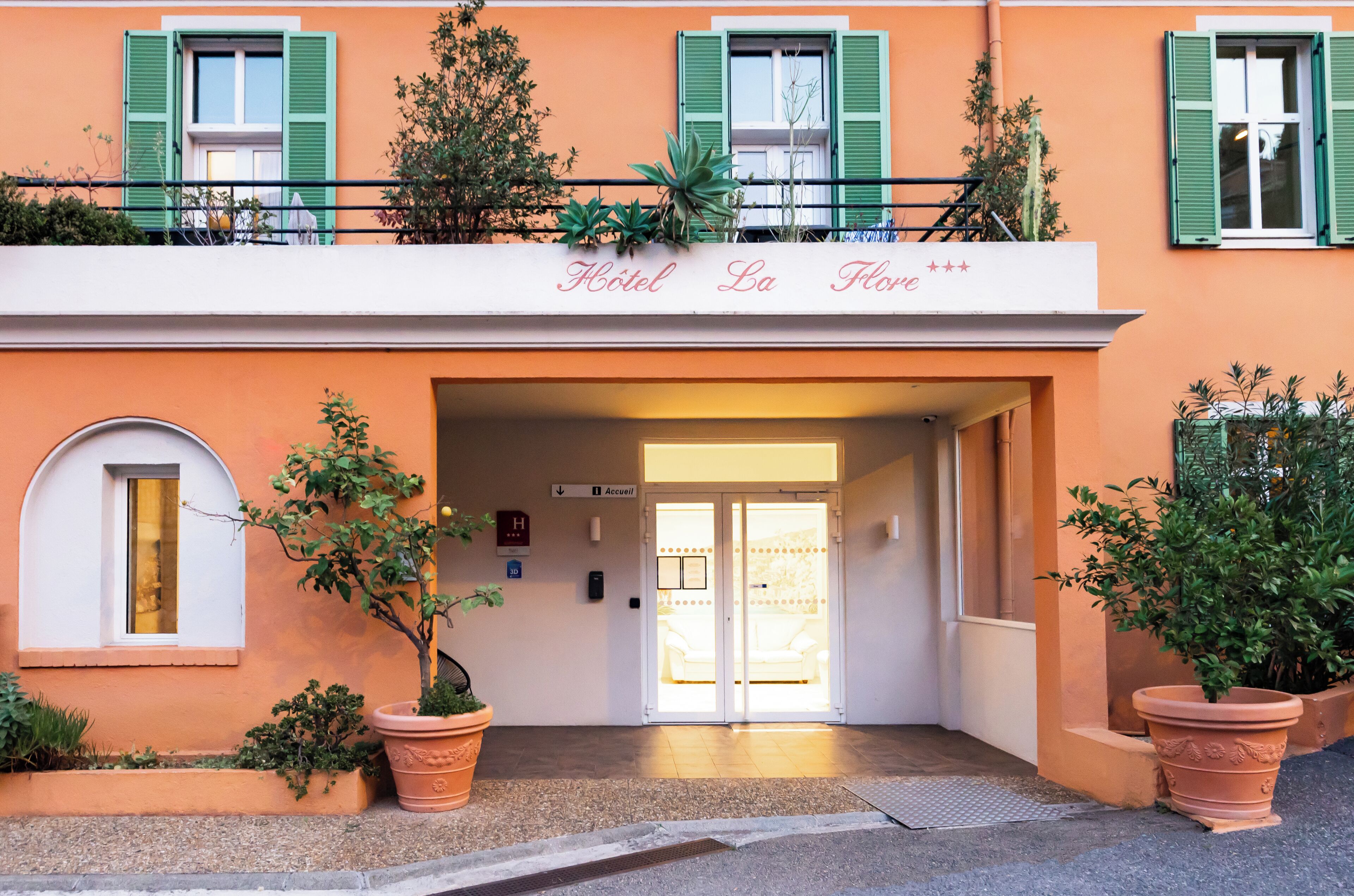 A hotel entrance with a sign reading 'Hotel La Fleur,' a double door entrance, and potted plants.