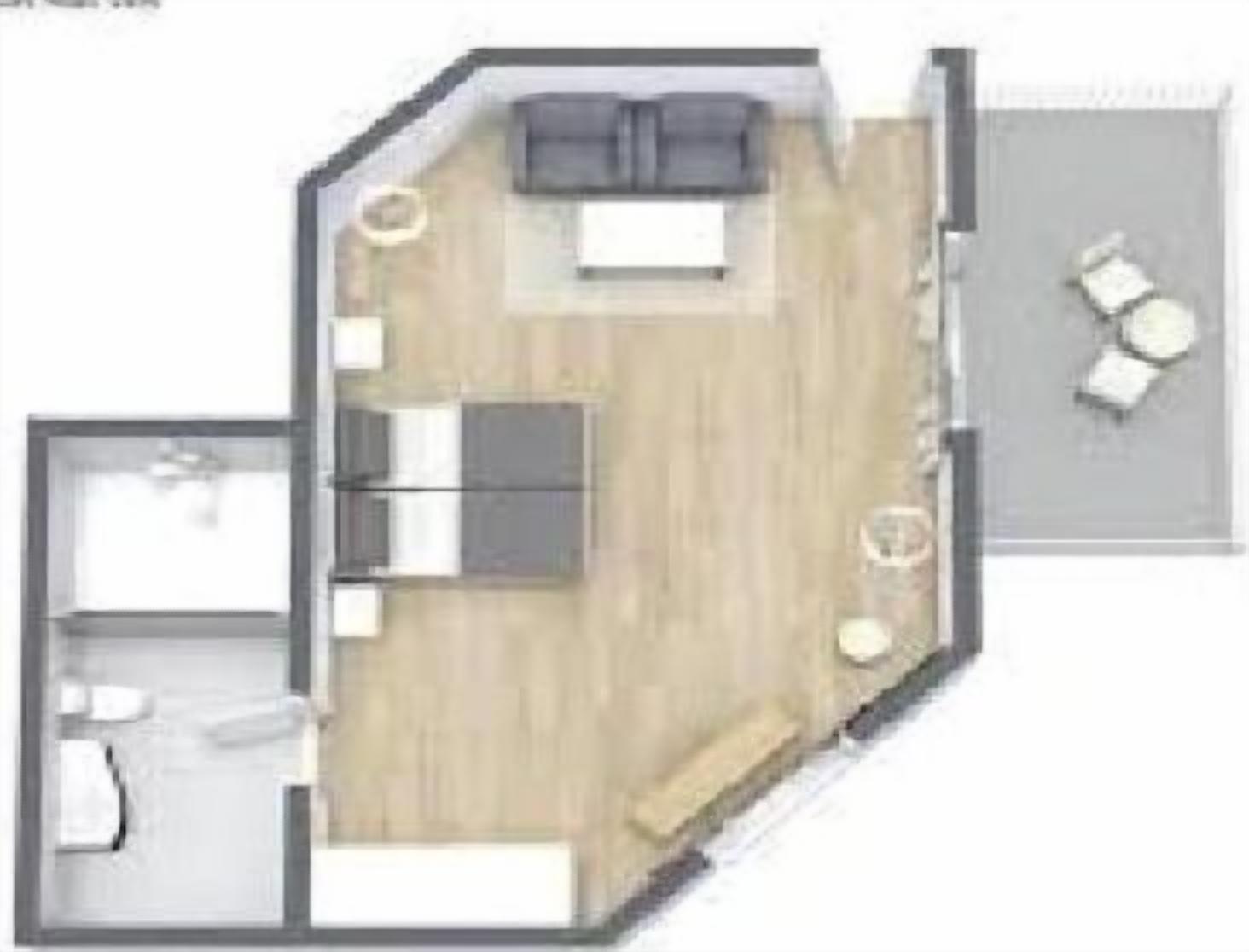A floor plan of a hotel room with a bed, a seating area, a small table, and a window.