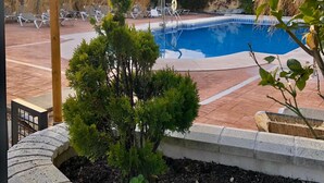 Un área de piscina con sillas de descanso, un árbol pequeño y un edificio con techo rojo al fondo.