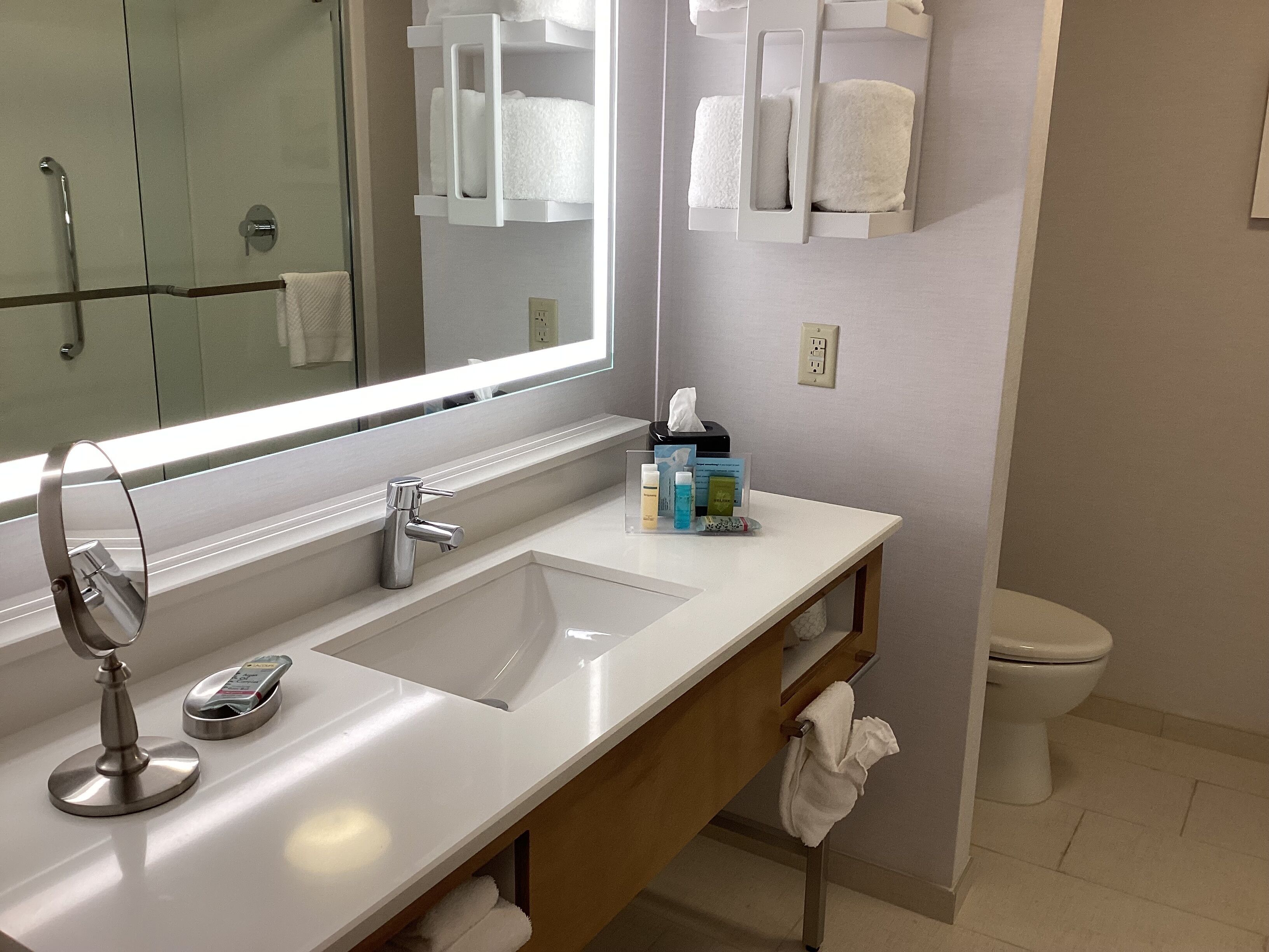 A bathroom with a double sink, a large mirror, a towel rack, and a toilet.