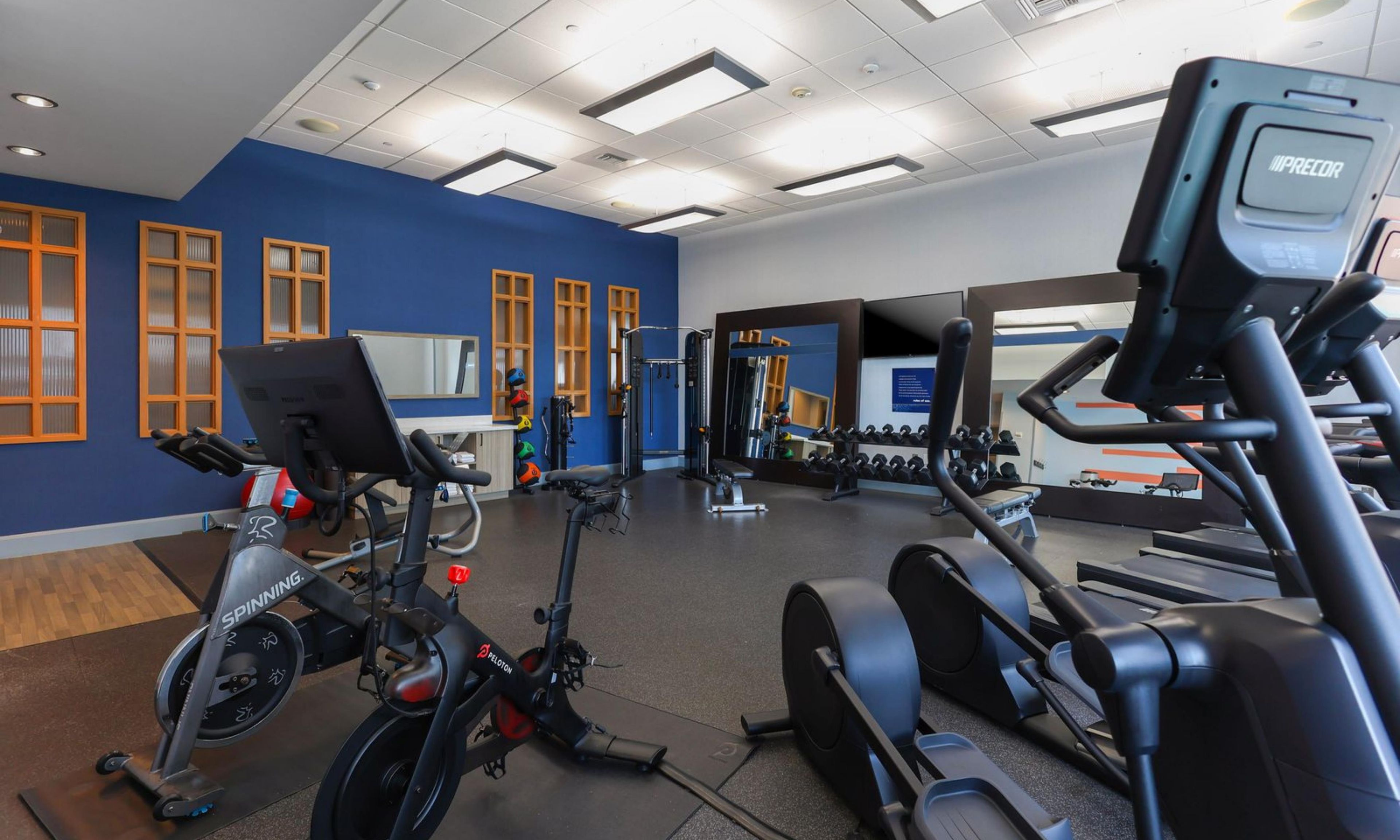Une salle de sport équipée de machines de cardio, d’appareils de musculation et d’un miroir.
