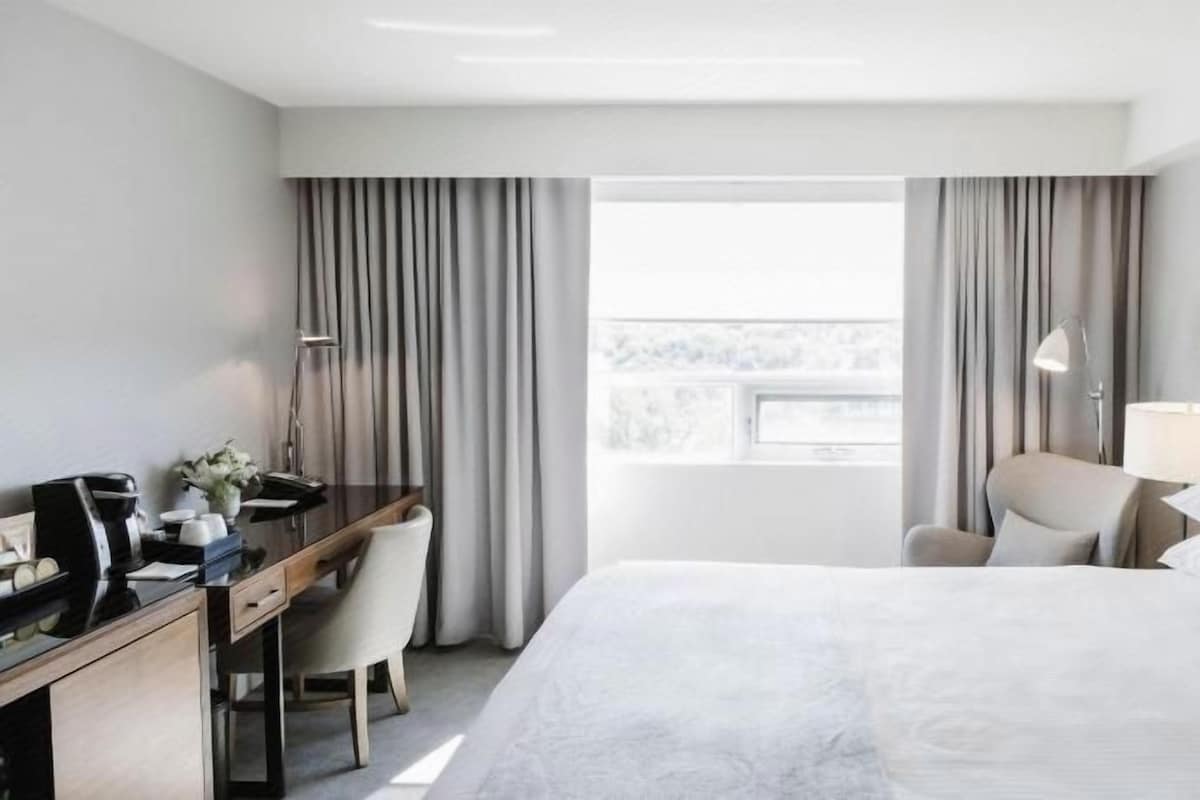 Une chambre d’hôtel équipée d’un lit, d’un bureau, d’une chaise et offrant une vue sur l’extérieur.