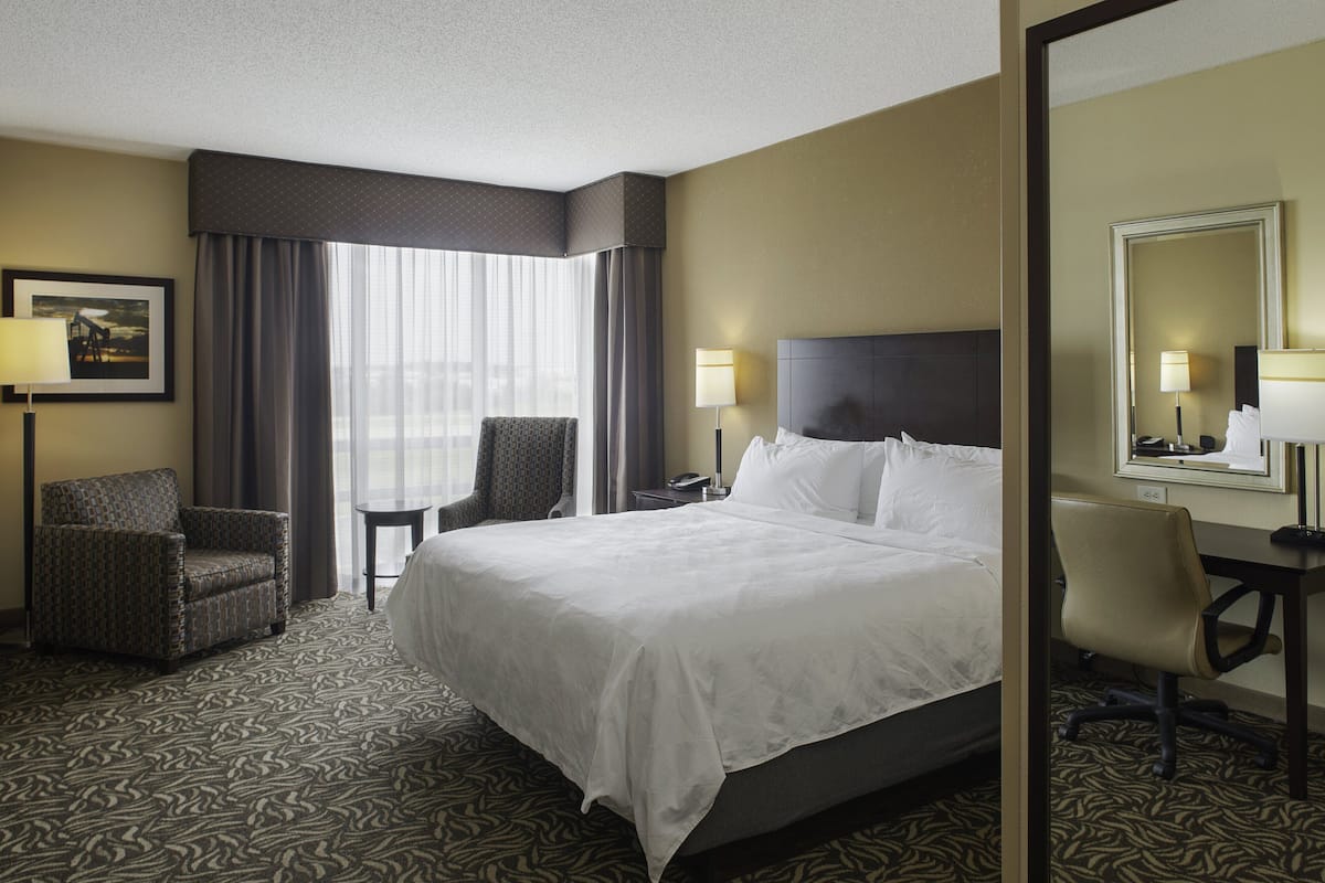 A hotel room with a large bed, a desk, a chair, a nightstand, and a mirror.