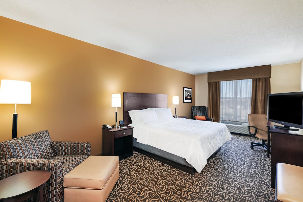 A hotel room with a bed, a sofa, a desk, a TV, and a window with curtains.