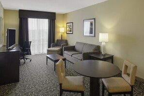 Desk, laptop workspace, blackout curtains, iron/ironing board