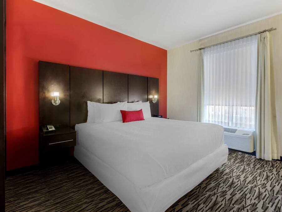 A hotel room with a large bed, a red accent wall, a dark headboard, bedside lamps, a telephone, and a window with curtains.