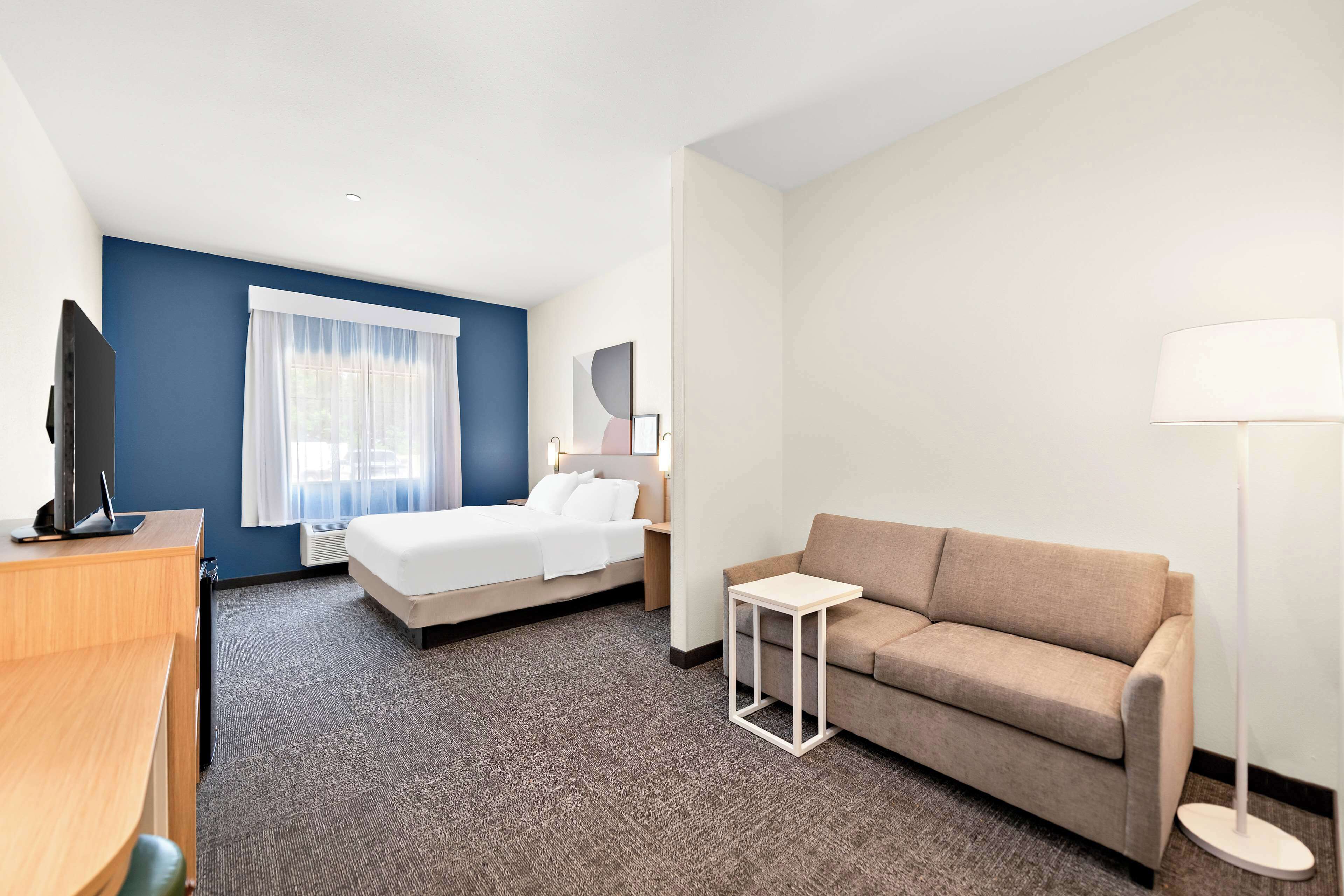 Habitación de hotel con cama, sofá, escritorio, televisor y lámpara.