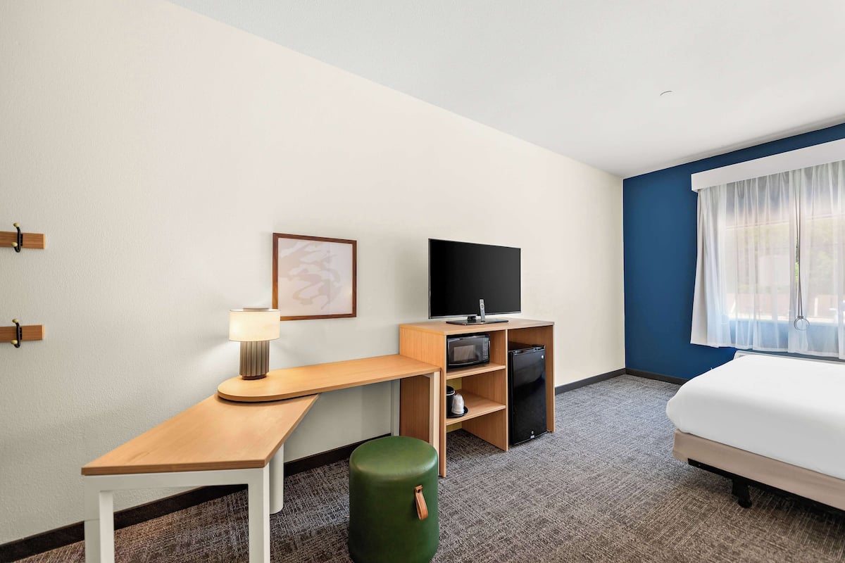A hotel room with a bed, a desk with a lamp, a television, a microwave, and a small refrigerator.