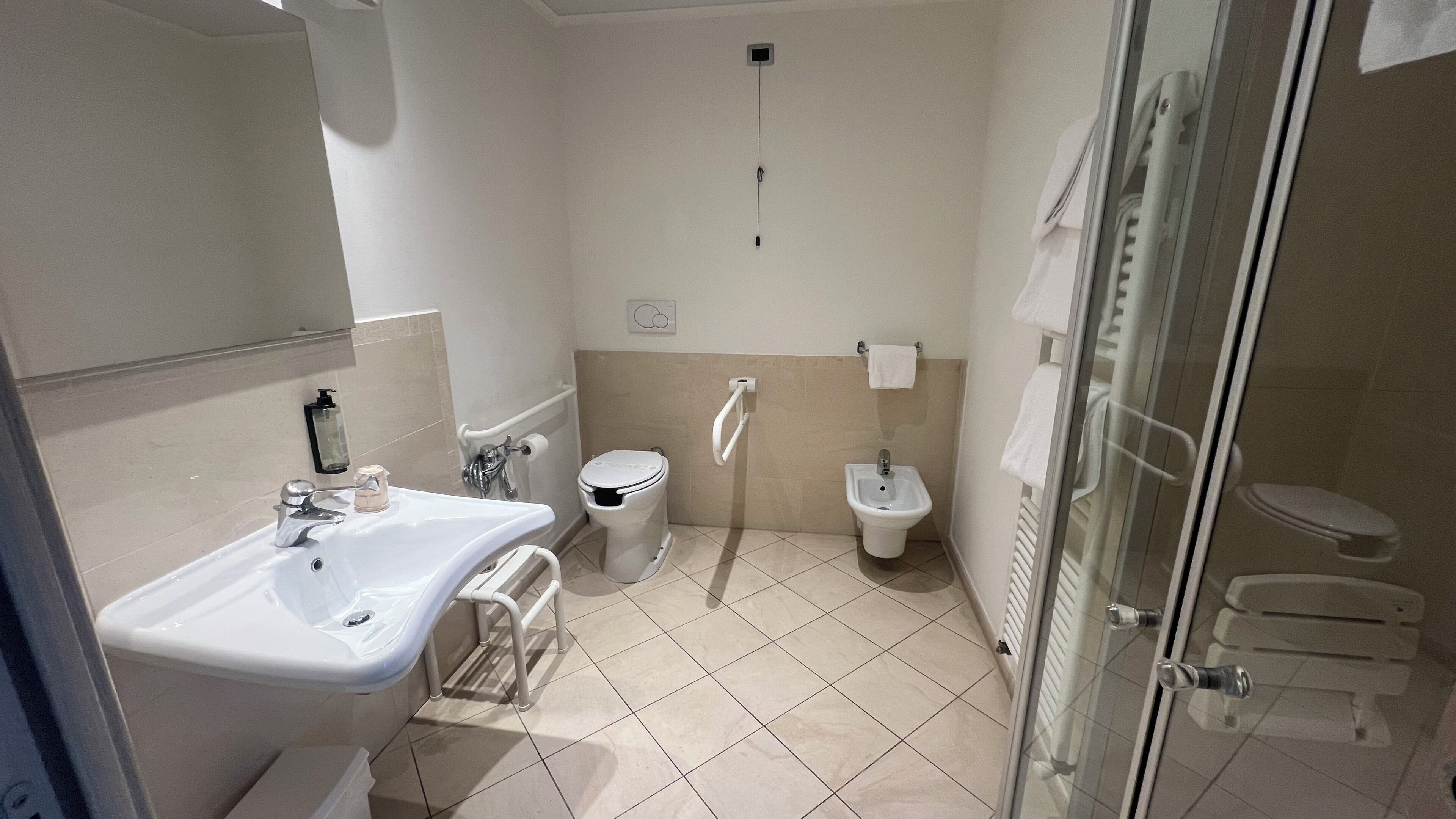 A bathroom with a sink, toilet, bidet, and glass shower enclosure.