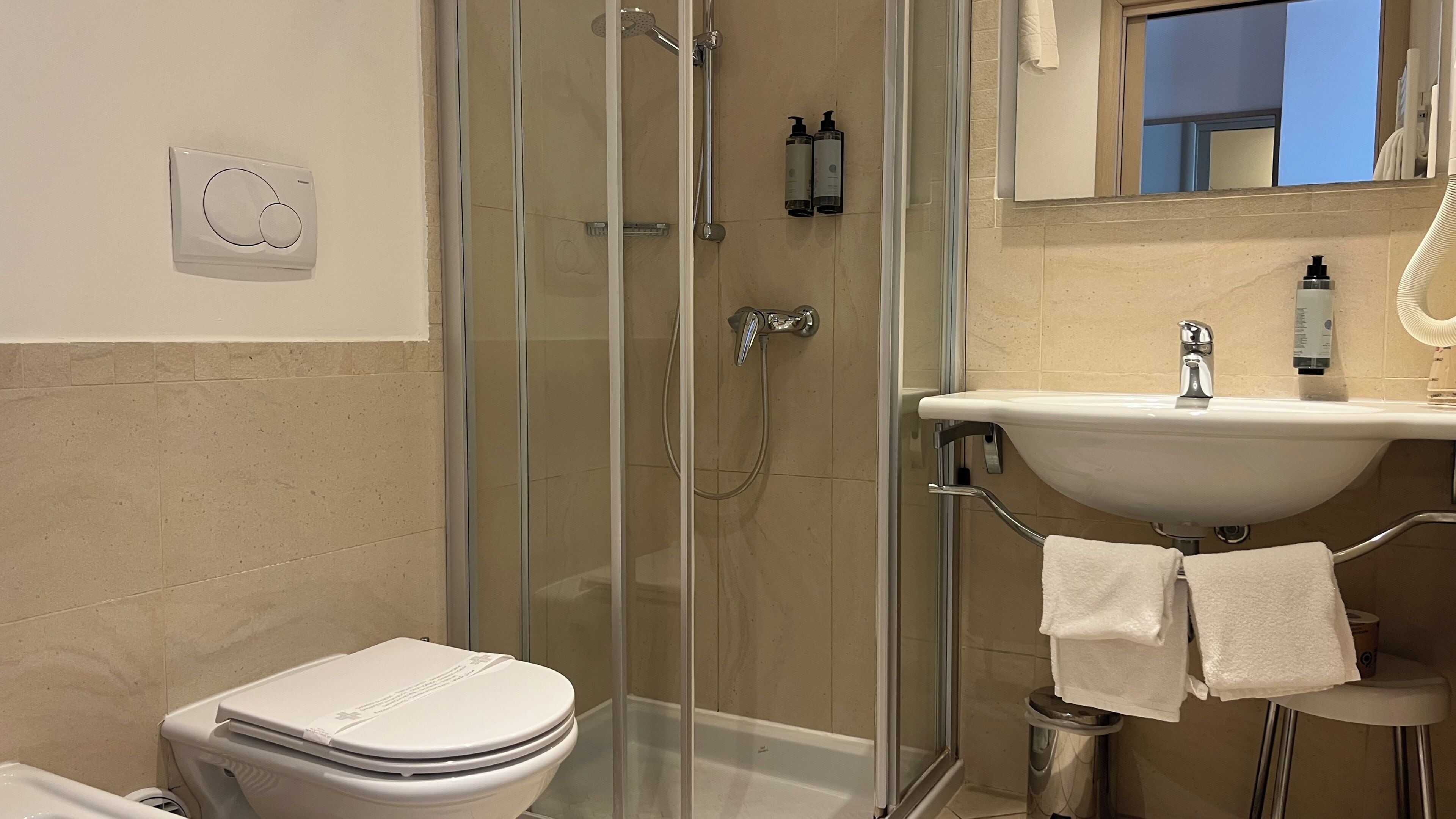A bathroom with a glass-enclosed shower, a white sink, and a toilet.
